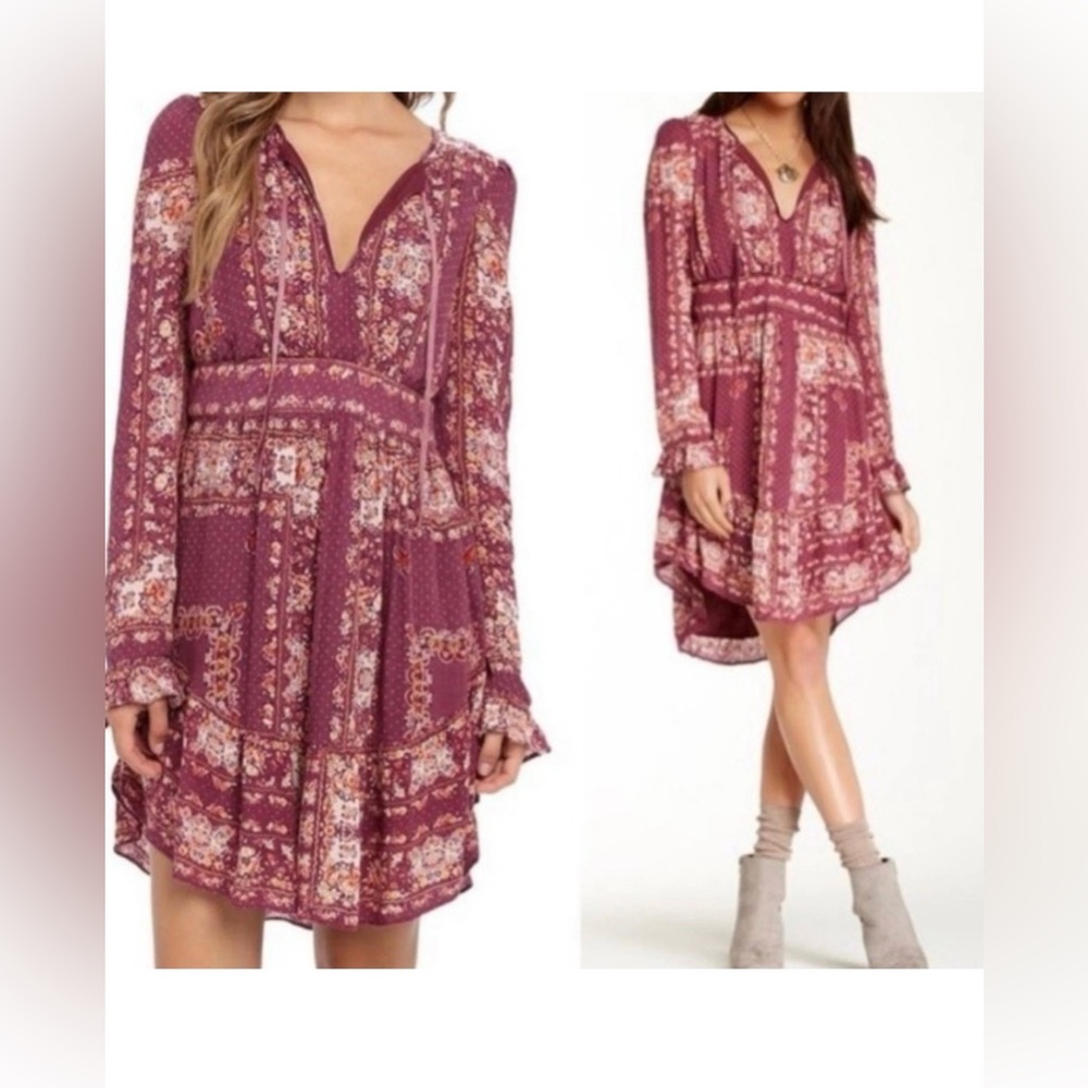 Free People Burgundy Floral Long Sleeve Dress